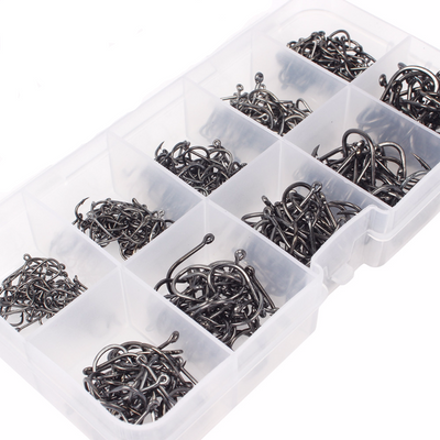 500pcs Black Carbon Steel Fishing Hooks 3# -12# 10 Sizes Plus Fishing Tackle Box